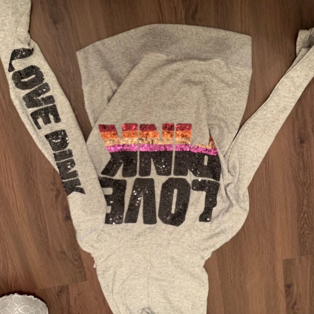 PINK Grey zip up hoodie with sequin embellishment